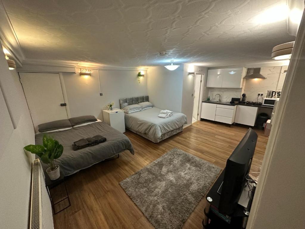 a room with two beds and a television in it at Studio Room In Brighton in Brighton & Hove