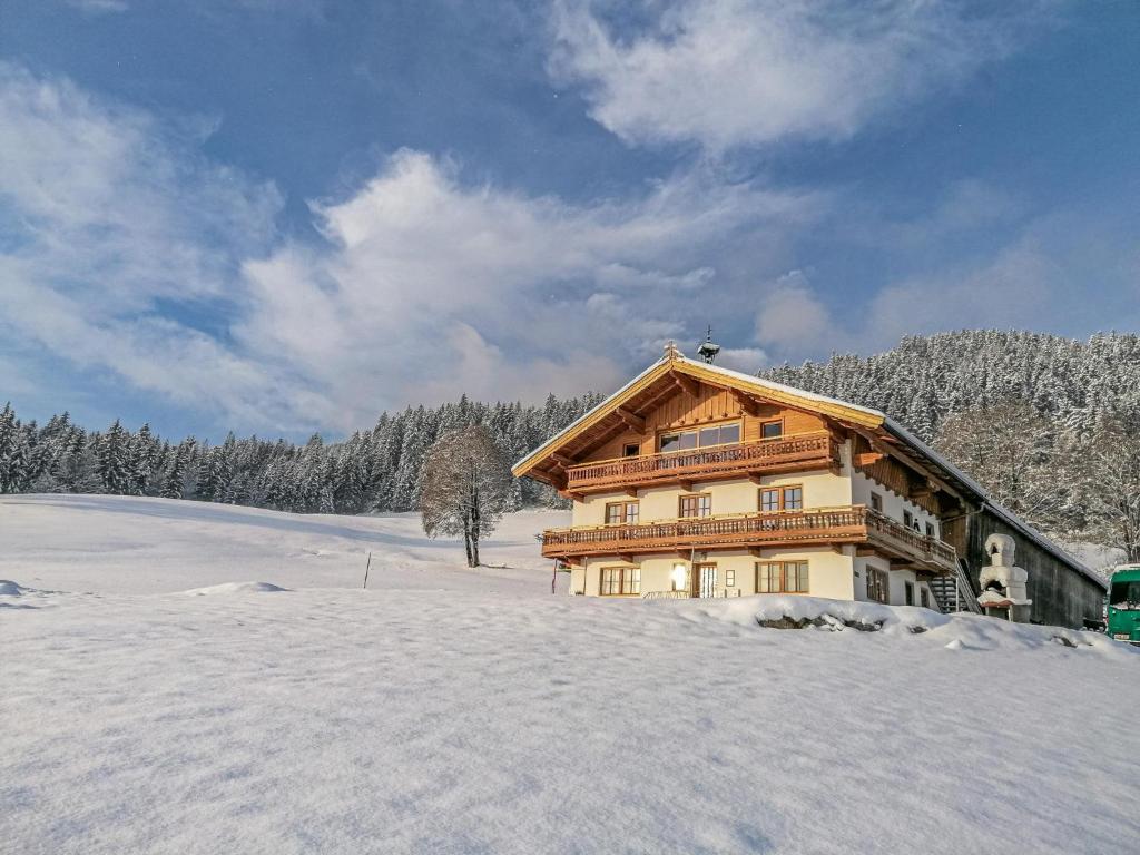 une grande maison en bois dans la neige dans l'établissement Flicklhof XL, à Hopfgarten im Brixental