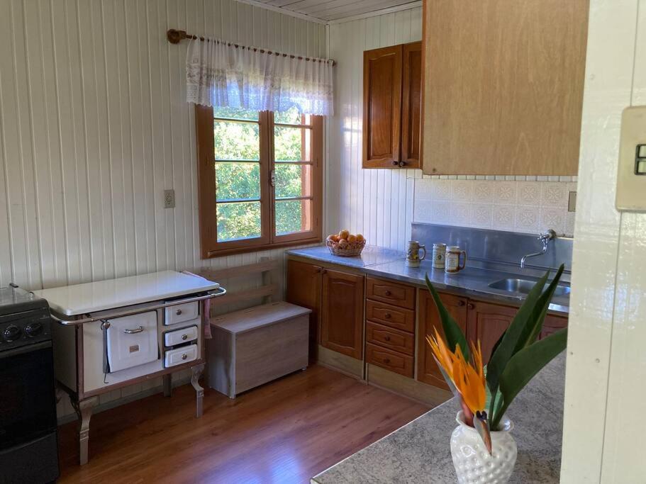 a kitchen with a sink and a counter top at Casa aconchegante no Vale Vinhedos in Bento Gonçalves