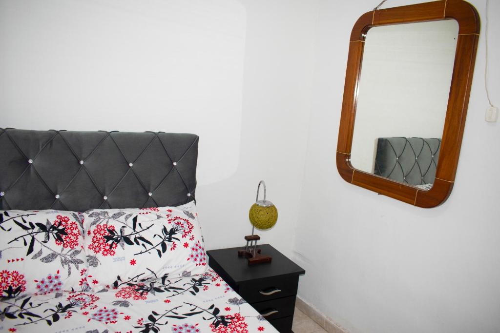 a bedroom with a bed and a mirror at Lindo hospedaje en Armenia Q in Armenia