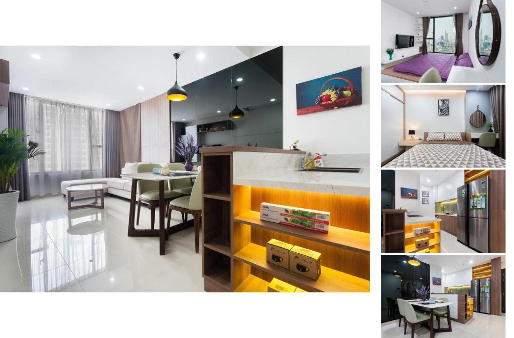 un collage de fotos de una cocina y una sala de estar en Rivergate Apartment - MM, en Ho Chi Minh