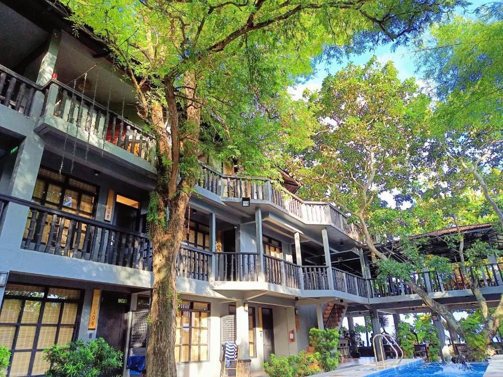 apartamentowiec z drzewem przed nim w obiekcie The Henry Resort Taramindu Laiya w mieście Batangas