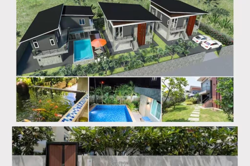 a collage of pictures of a house at Villa Rajapruek Entire 3 villa with pool near Airport and city center in Chiang Mai