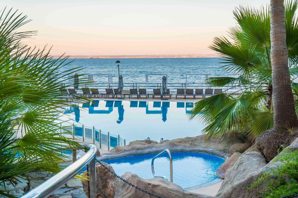una piscina junto al océano con palmeras en Barceló Illetas Albatros - Adults Only, en Illetas