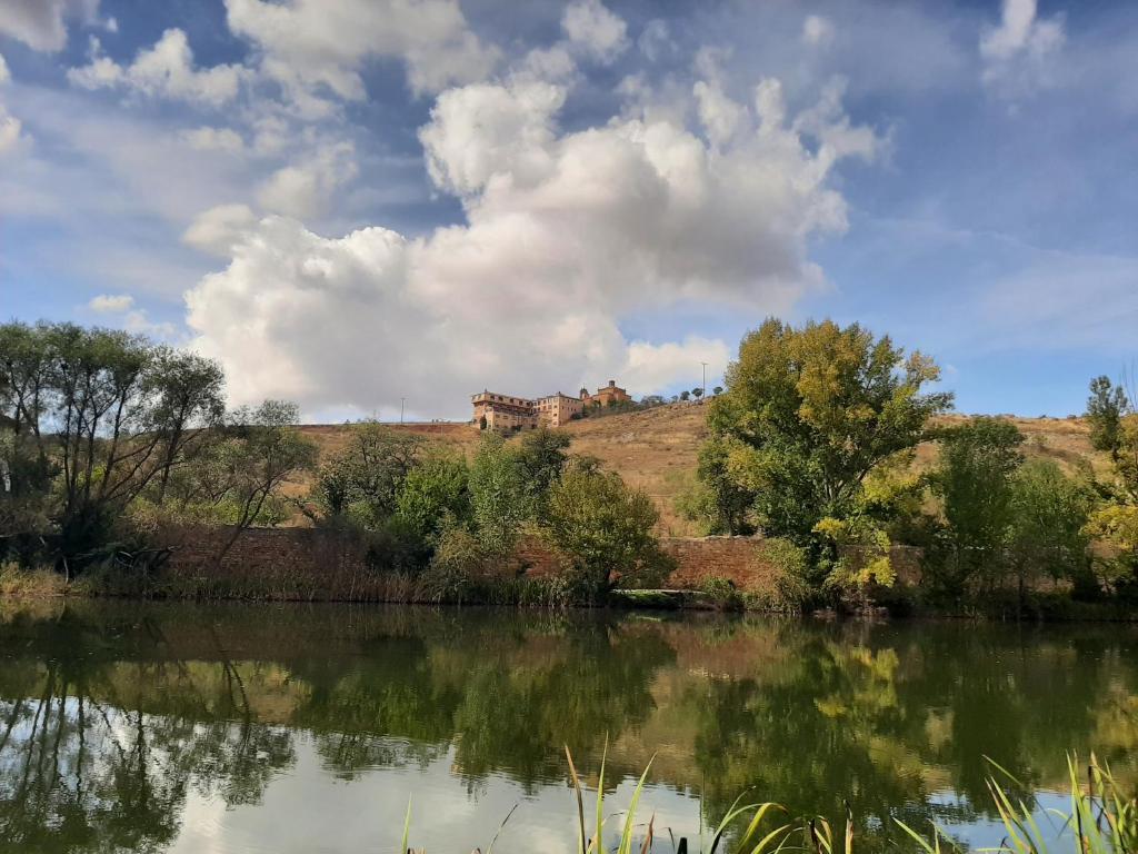 uma casa no topo de uma colina ao lado de um lago em Hotel Leonor Mirón em Soria