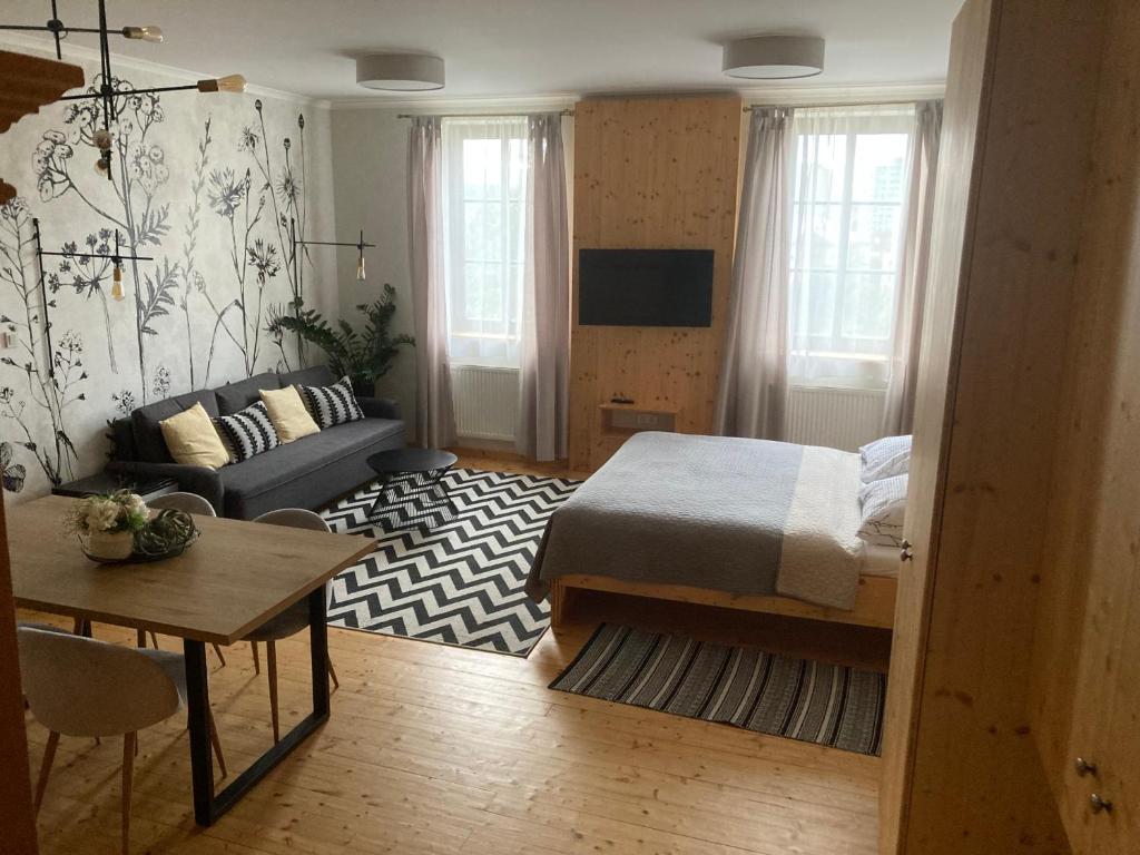 um quarto com uma cama, um sofá e uma mesa em Apartmány Štěpánkova 85 em Chrudim