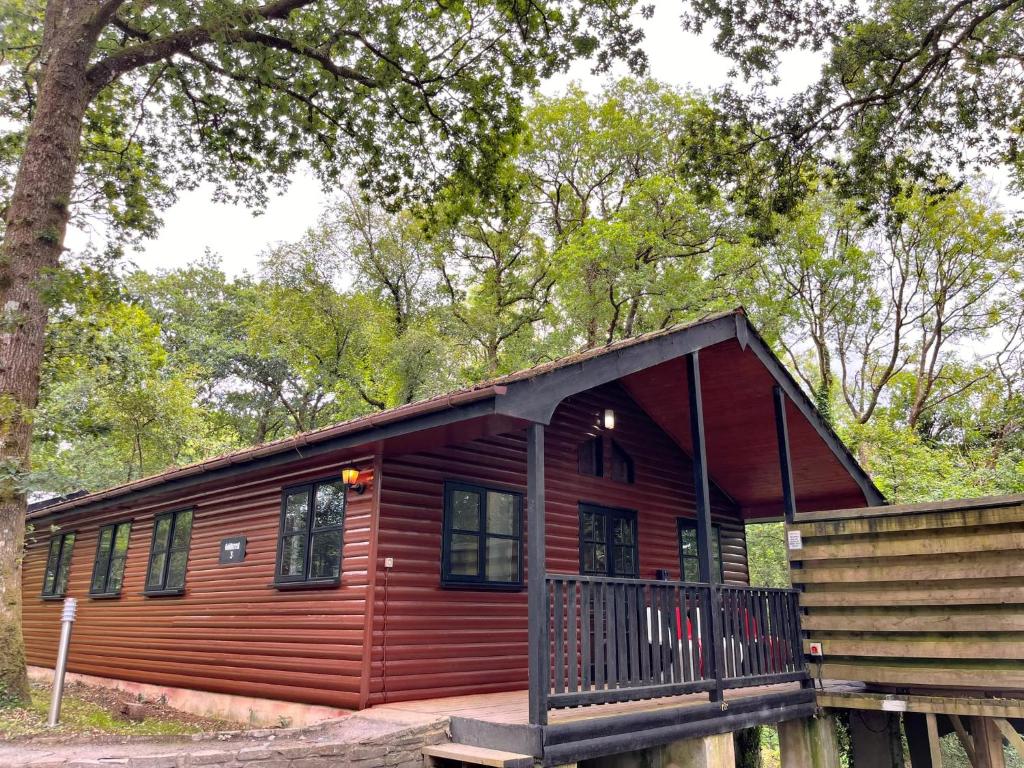 a log cabin in the woods with a porch at Woodland Lodge’s St Clears in Carmarthen