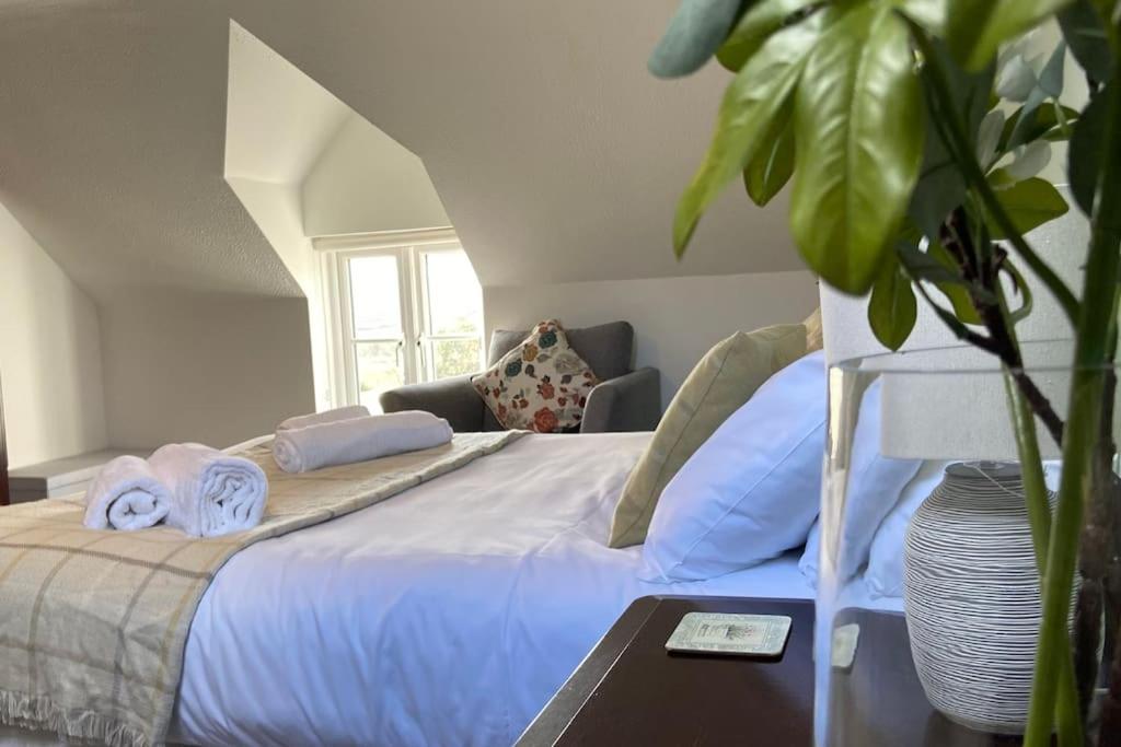 um quarto com uma cama com lençóis azuis e uma planta em Scenic Couples Getaway in the Brecon Beacons em Crickhowell