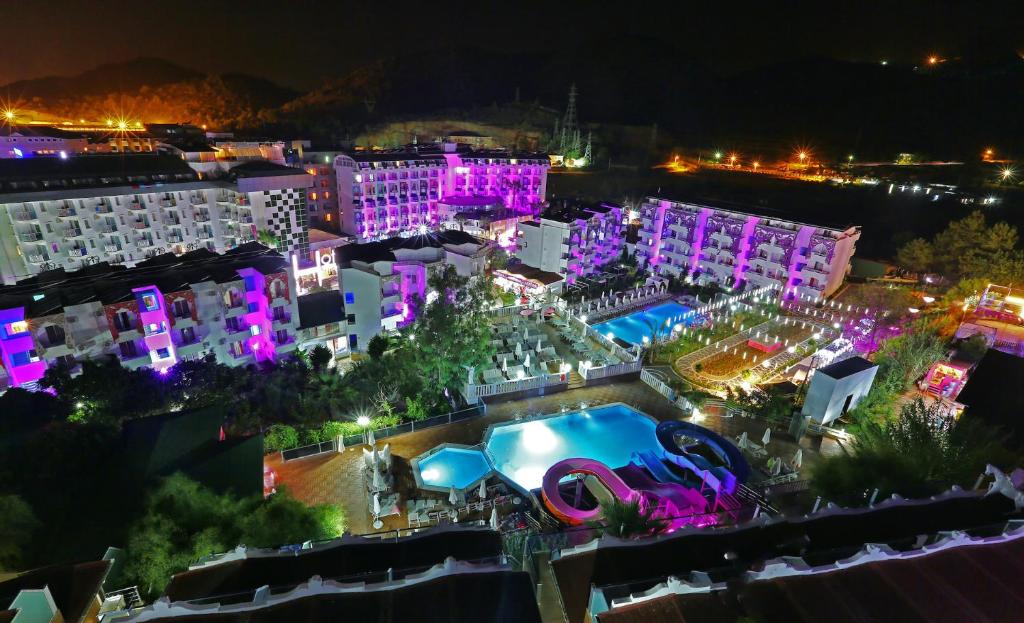 an aerial view of a resort at night at Club Hotel Anjeliq in Alanya