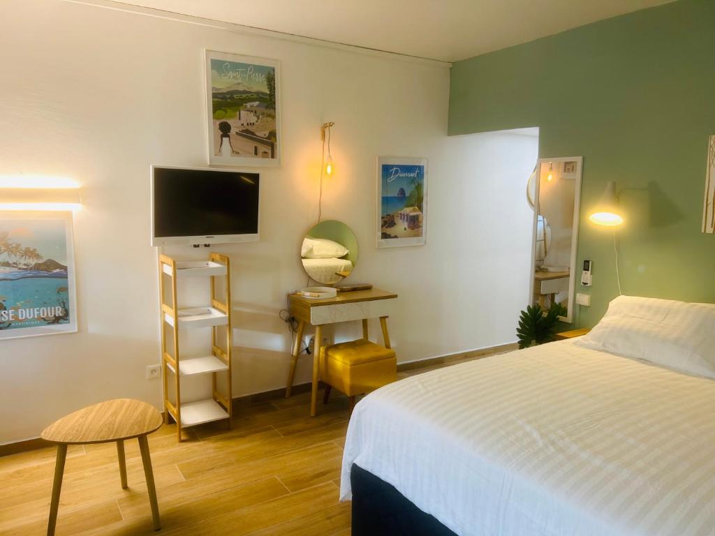 1 dormitorio con 1 cama y escritorio con TV en Studio Fresh&Cosy Trois-Ilets - 3 étoiles-Hotel Carayou, en Les Trois-Îlets
