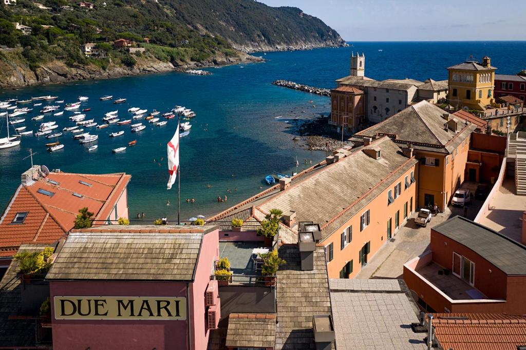 a view of a harbor with boats in the water at Hotel Due Mari in Sestri Levante