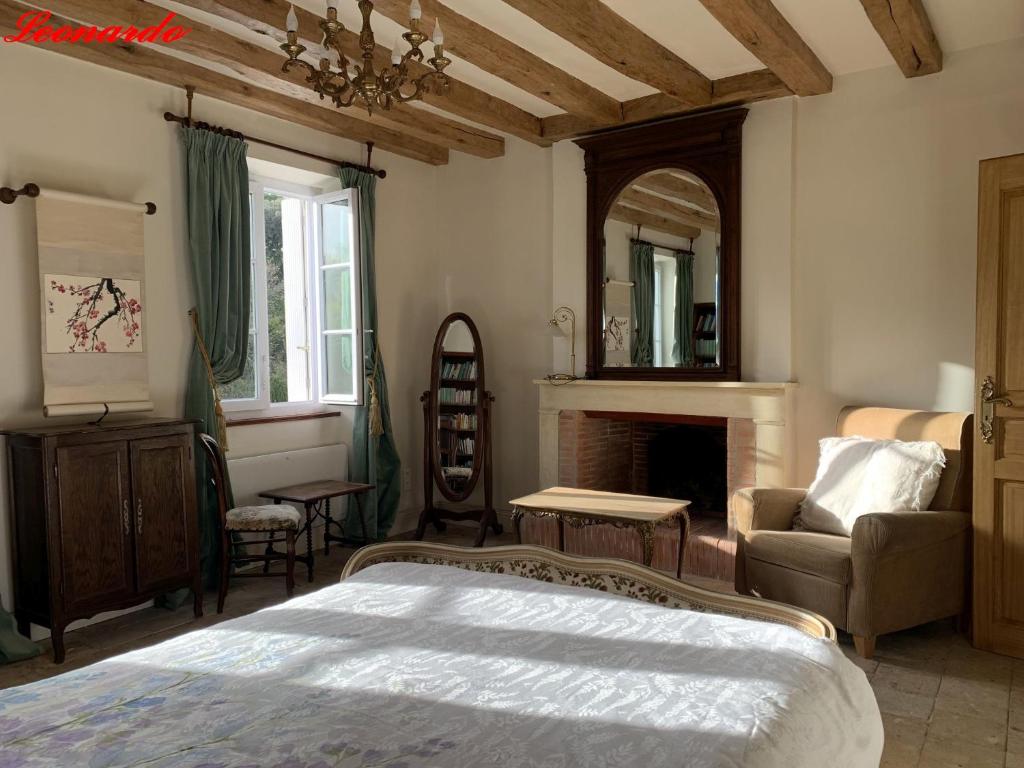 1 dormitorio con 1 cama grande y chimenea en Clos Lussault - 4 gîtes, separate or together, en Lussault-sur-Loire