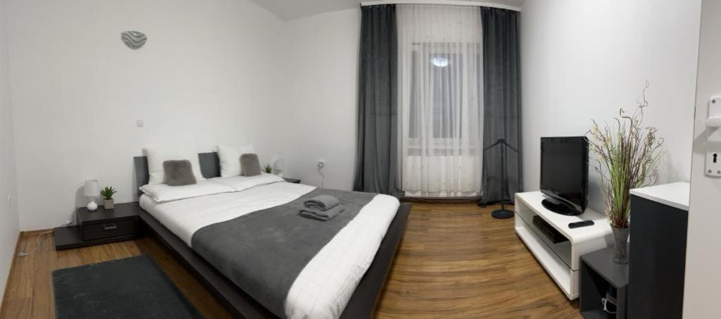 um quarto com uma cama grande e uma televisão de ecrã plano em Diva Apartments em Satu Mare