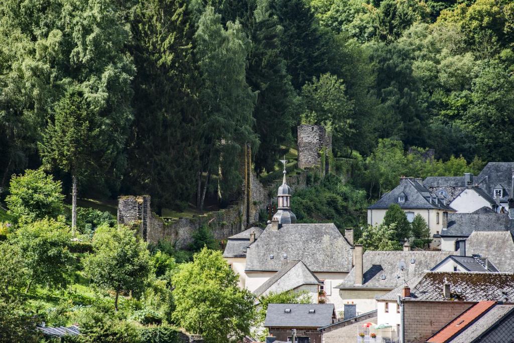 an old town in the mountains with houses and trees at Hotel Belle Vue in Vianden
