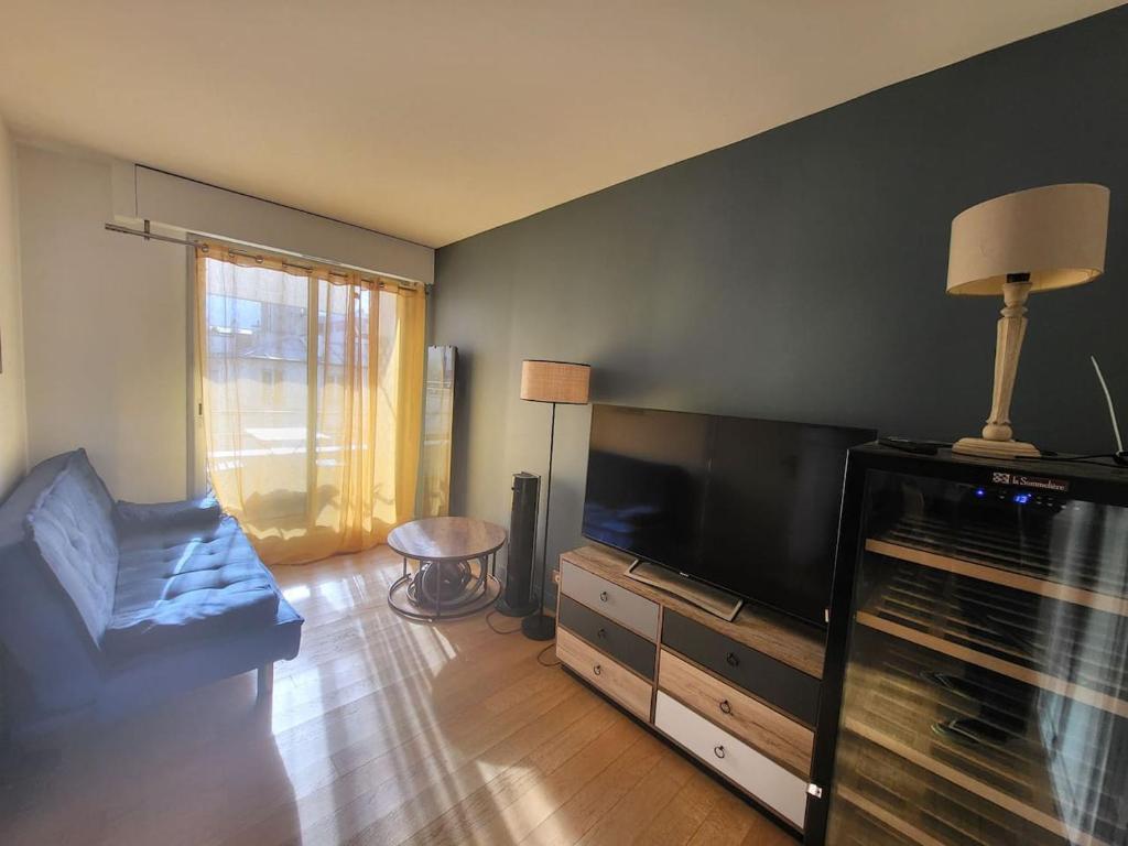 ein Wohnzimmer mit einem Flachbild-TV und einem Sofa in der Unterkunft T2 charmant rue de Commerce in Paris