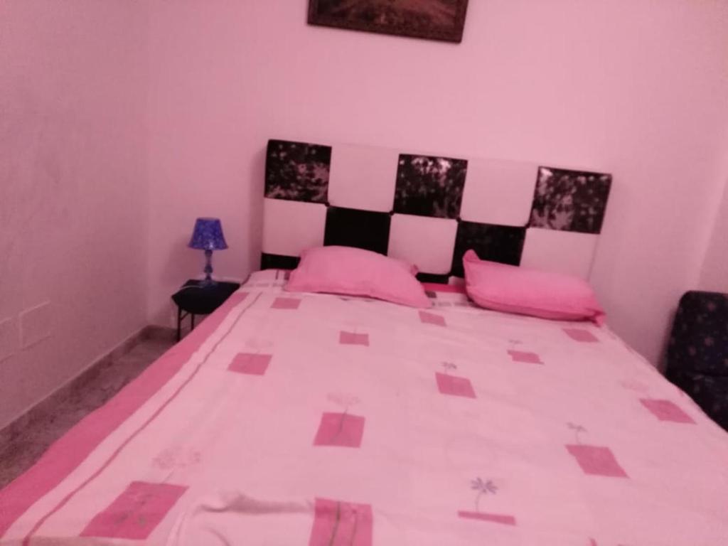 ein Schlafzimmer mit einem rosa Bett mit rosa Kissen in der Unterkunft NAFISSA RESIDENCE in La Marsa