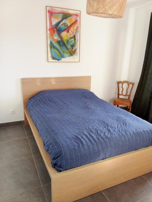 une chambre avec un lit avec une couette bleue dans l'établissement Chambre, à Villeneuve-lès-Avignon