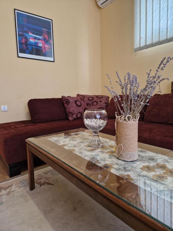 - un salon avec une table et un verre de vin dans l'établissement Apartment Studenac, à Banja Luka