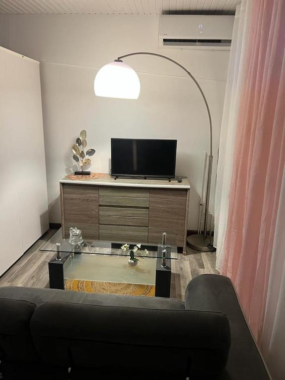 a living room with a couch and a table with a tv at Le Relais des Voyageurs in Fort-de-France