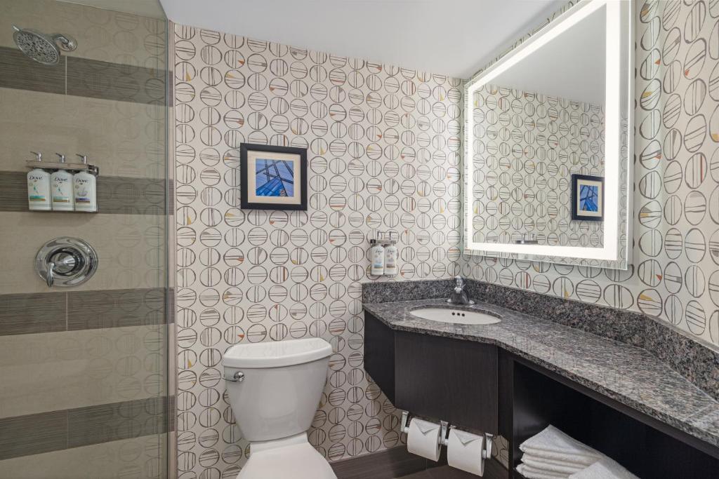 a bathroom with a toilet and a sink and a mirror at Holiday Inn Toronto Downtown Centre by IHG in Toronto