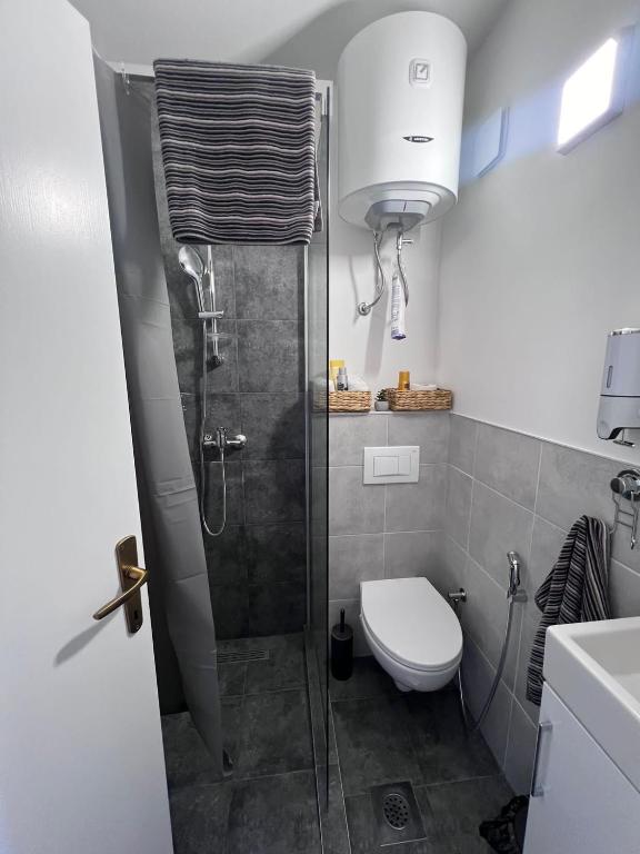 a bathroom with a shower and a toilet at Golden joy in Sarajevo