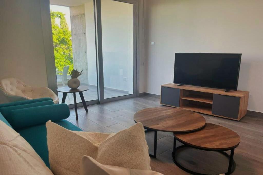 een woonkamer met een blauwe bank en een tv bij Phaedrus Living Coral Suites Aura in Larnaka