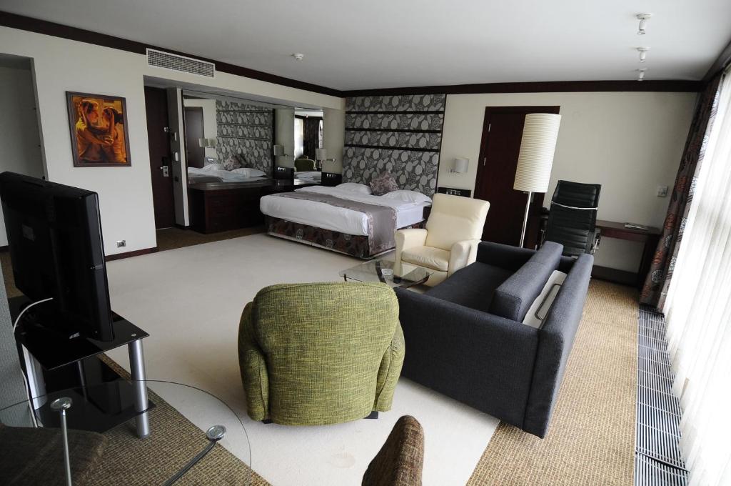 فندق أونتور بوتيك  في أنقرة: غرفة معيشة فيها سرير واريكة وتلفزيون