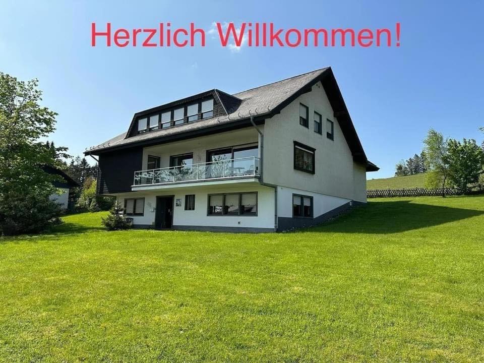 ein großes weißes Haus auf einem Grasfeld in der Unterkunft Ferienhaus Beja in Winterberg