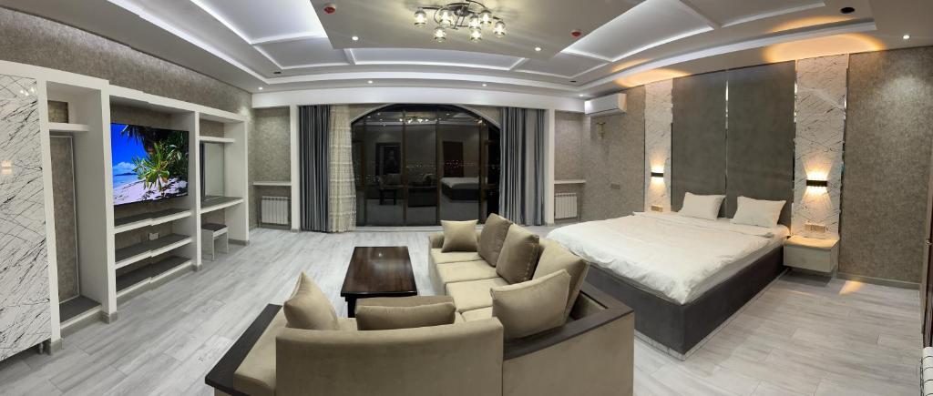 1 dormitorio con cama, sofá y TV en Hotel Panorama en Dusambé