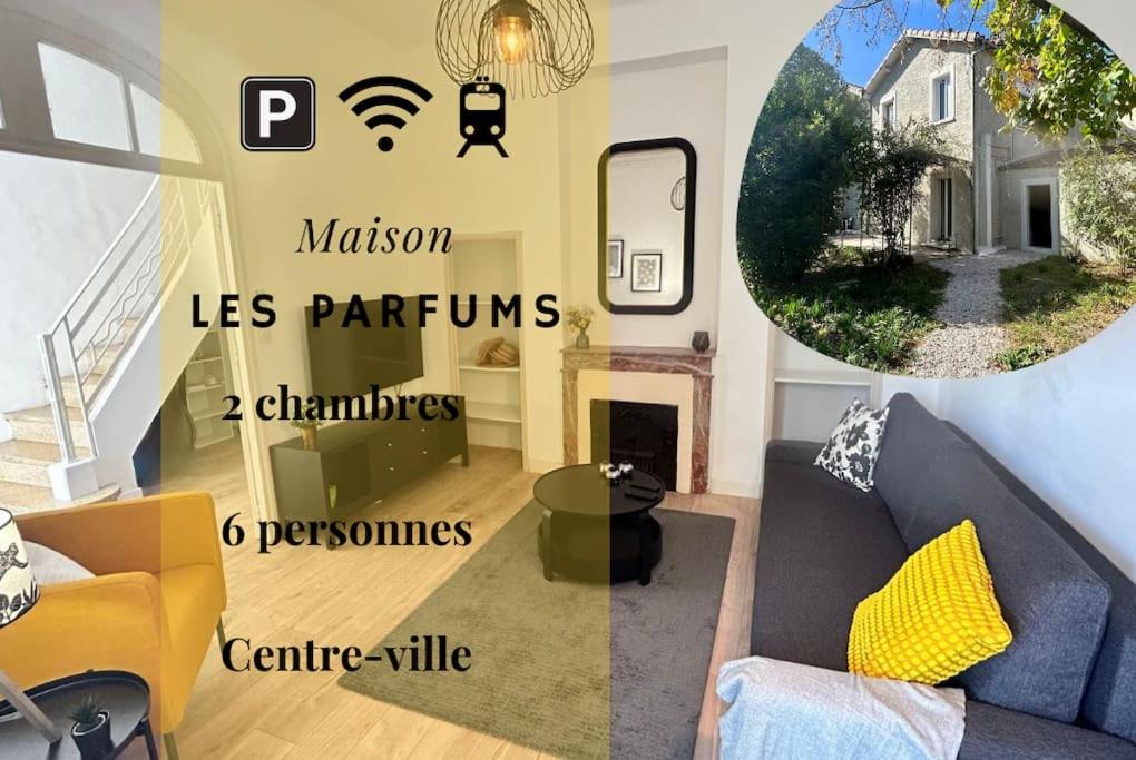 a living room with a couch and a fireplace at Maison, 2chambres, jardin, parking, central,6pers in Montpellier