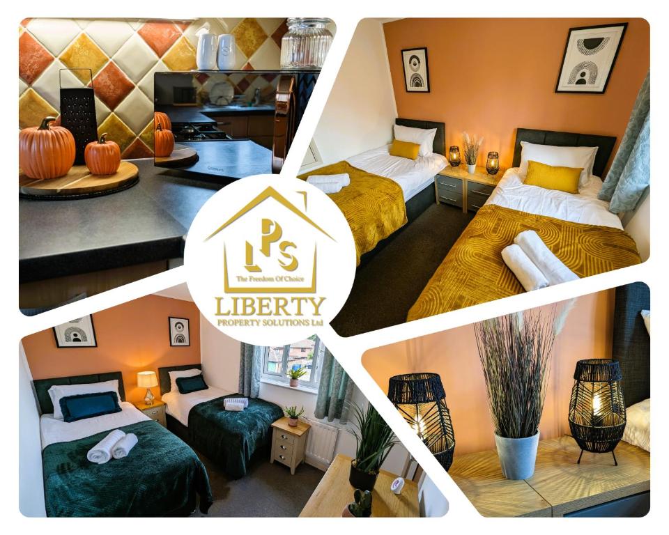 un collage de cuatro fotos de una habitación de hotel en 6 Guests * 4 Bedroom * Free Wi-Fi en Burton Latimer