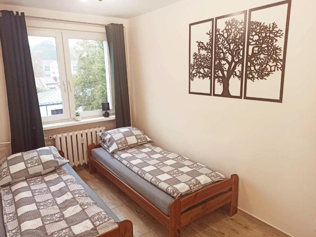 Duas camas num quarto com uma janela em APARTAMENT CENTRUM Międzychód em Międzychód