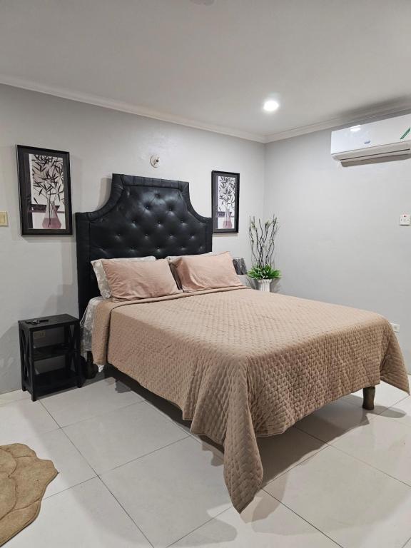 オーチョ・リオスにあるSecret Hideawayのベッドルーム1室(大型ベッド1台、黒いヘッドボード付)