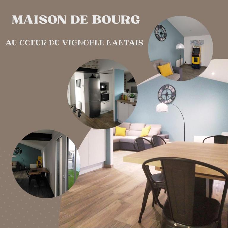 un collage de photos d'un salon et d'une salle à manger dans l'établissement Maison rénovée dans le vignoble, à Saint-Fiacre-sur-Maine