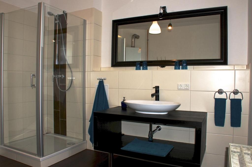 ナウムブルクにあるFerienwohnung Possögelのバスルーム(洗面台、ガラス張りのシャワー付)