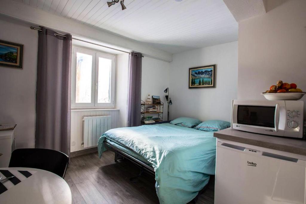 a bedroom with a bed and a microwave on a counter at Appartement d&#39;une chambre avec vue sur la ville et wifi a Embrun in Embrun
