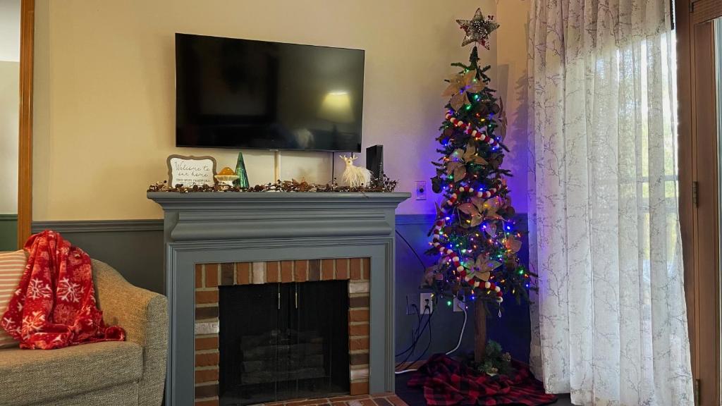 una sala de estar con un árbol de Navidad y una chimenea en Cozy Comforts of Home, en Branson West