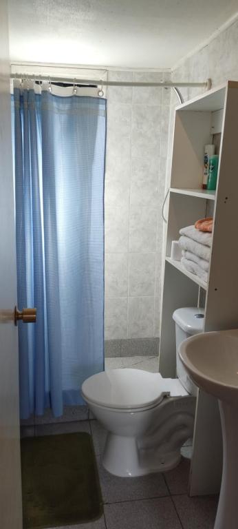 a bathroom with a toilet and a blue shower curtain at Apartamentos Cadiz -Valdivia in Valdivia