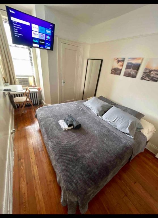 a bedroom with a bed with a flat screen tv on the wall at Woodside, queens in Woodside