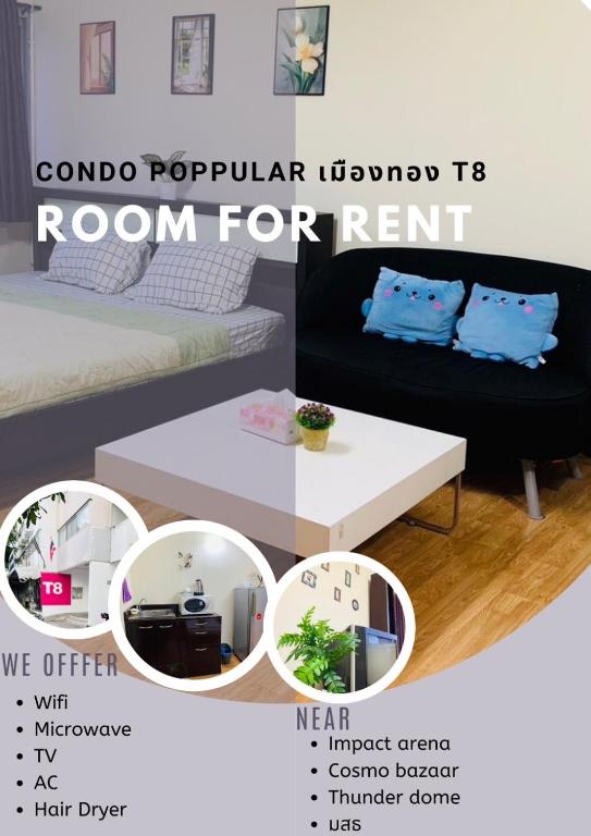 Condo poppular T8 fl14 في Thung Si Kan: غرفة للإيجار مع أريكة وطاولة