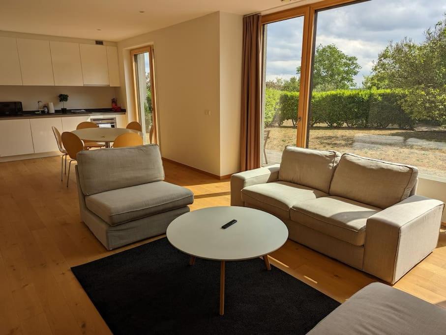 sala de estar con sofá y mesa en Stylish 2BR Apartment w/ Garage+Garden in Howald/Hesperange, en Hesperange