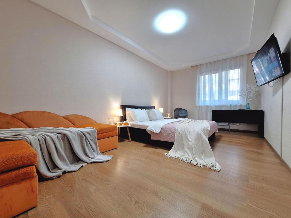 una camera da letto con un letto, un divano e una televisione di Велике ліжечко на Садовому. Мережа Alex Apartments. Цілодобове безконтактне заселення a Poltava
