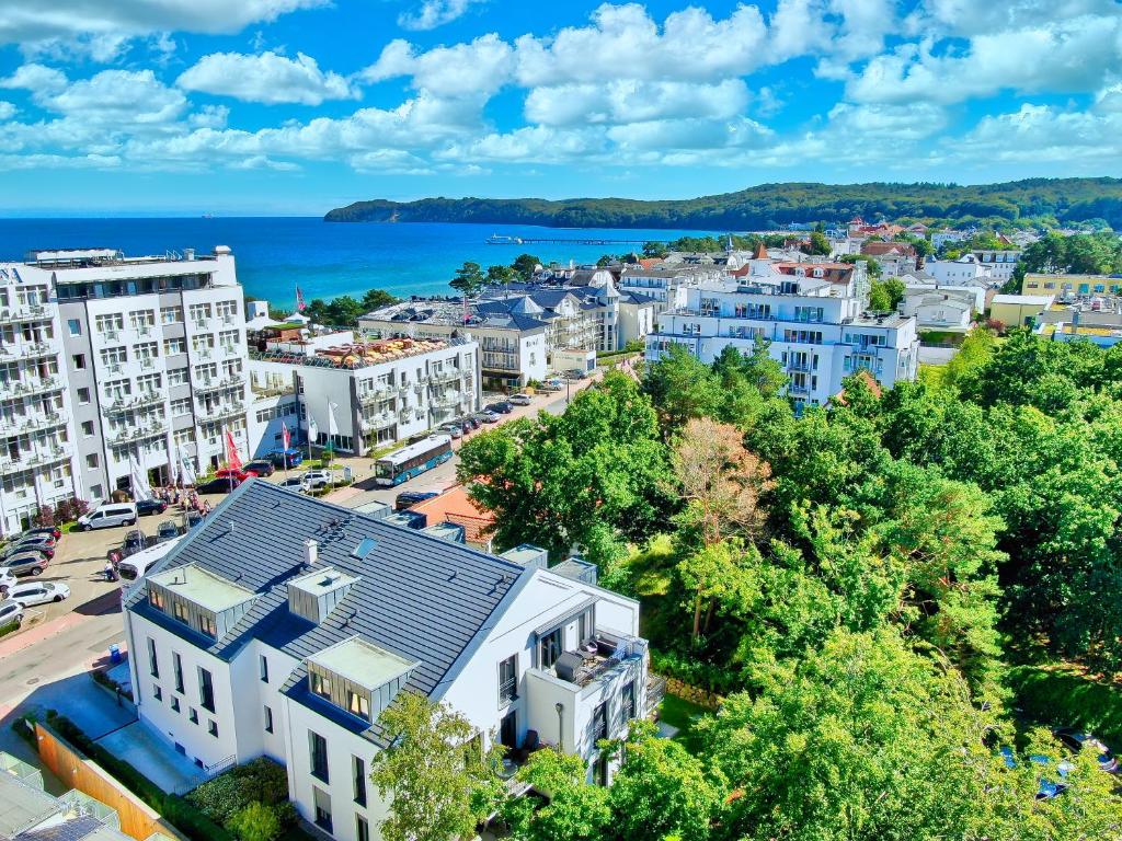 an aerial view of a city with the ocean at Villa Sofie Binz in Binz