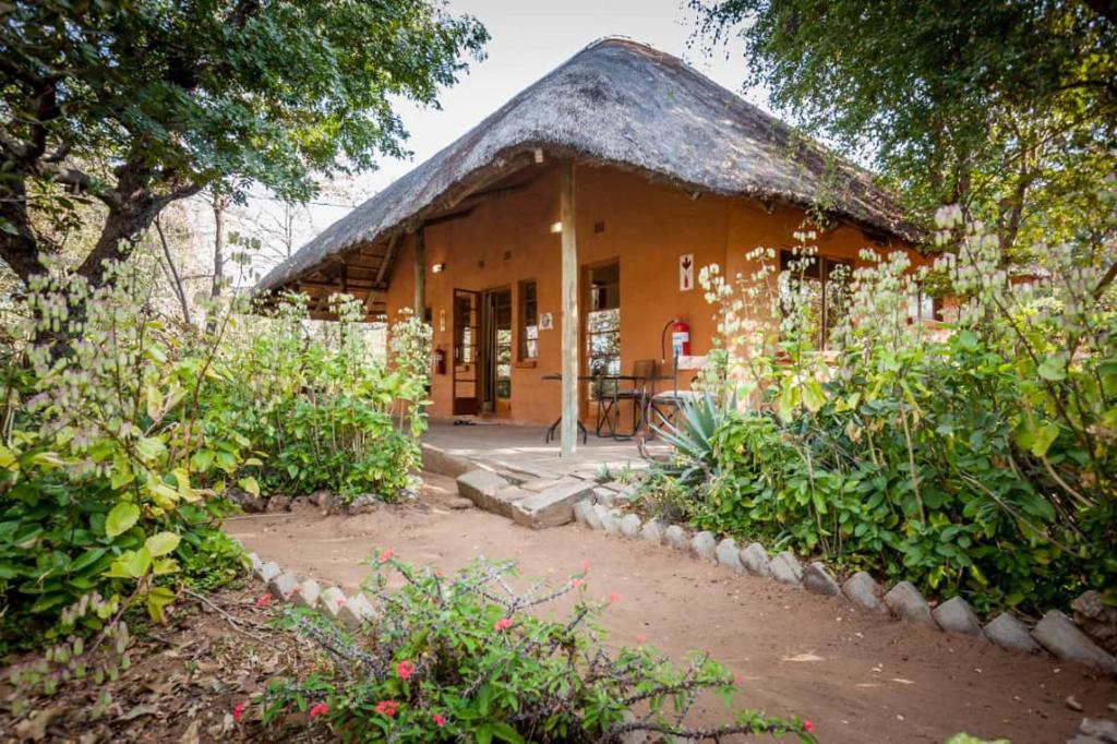 a small house with a thatched roof in a garden at African Sunsets (Bophirimo Self-Catering Guest House) in Kasane