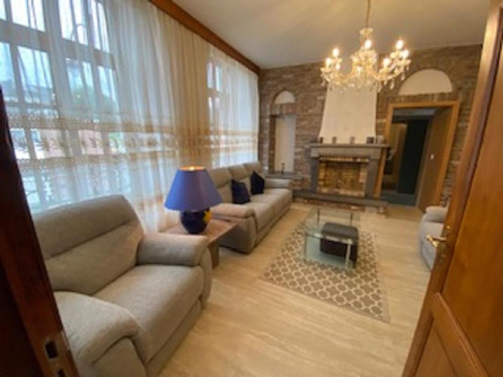 sala de estar con sofá y chimenea en Hotel IL Castellino, en Chaudfontaine