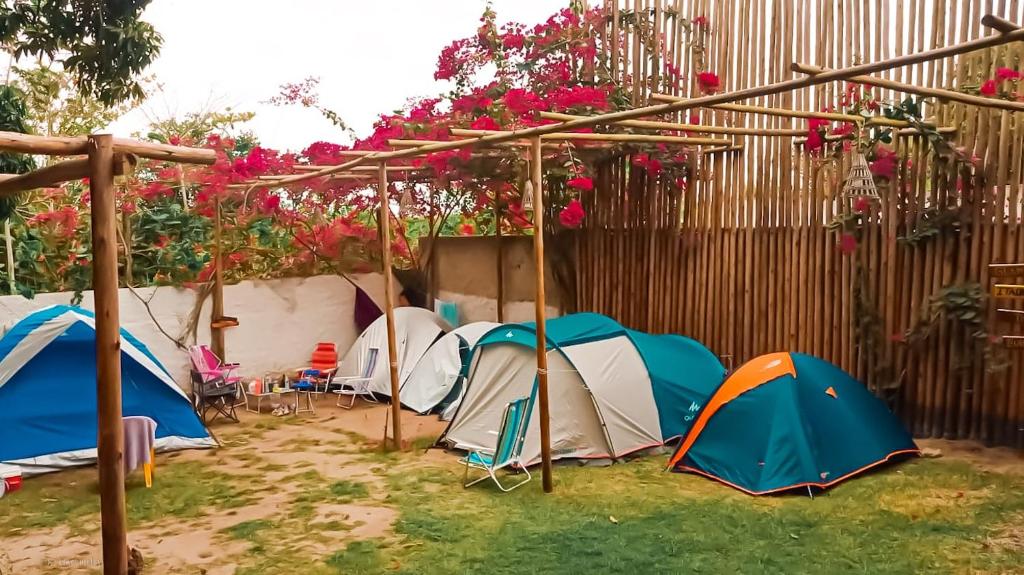 a group of tents in a yard with flowers at Chalés Vila Irerê Itaúnas in Itaúnas