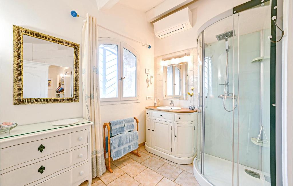 a bathroom with a shower and a sink and a mirror at Awesome Home In Fontarches With 2 Bedrooms, Wifi And Outdoor Swimming Pool in Fontarèches