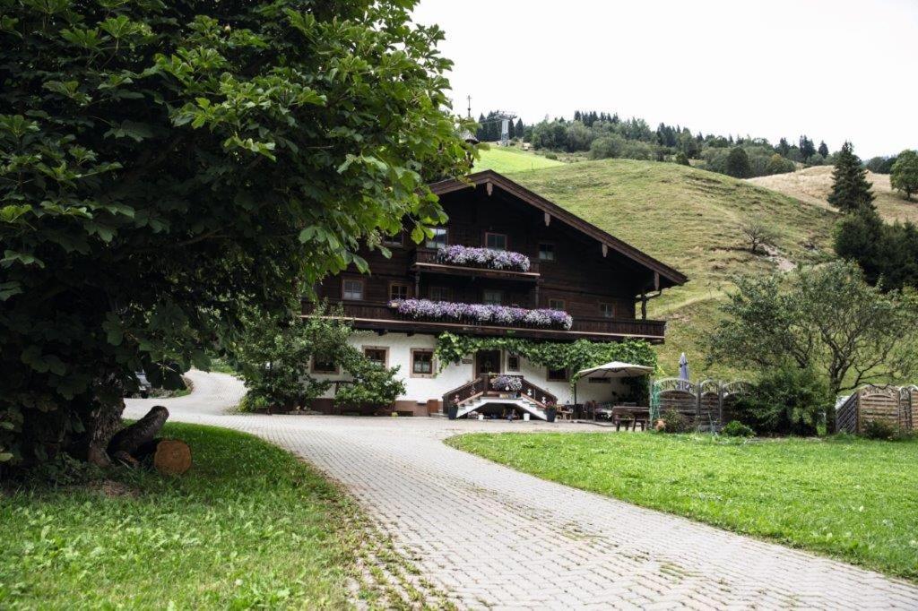 a house on a hill with a dirt road at Pension Hochwart Hof in Saalbach-Hinterglemm