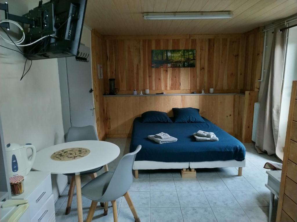 een slaapkamer met een bed en een tafel en een televisie bij Chambre gîte du Gardoir in Boresse-et-Martron