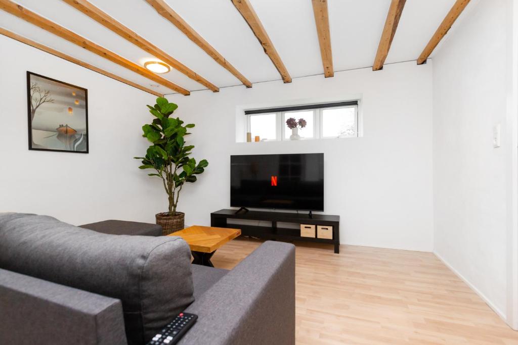 a living room with a couch and a tv at Moderne & Fuldt udstyret lejlighed m.plads til 4 in Højbjerg
